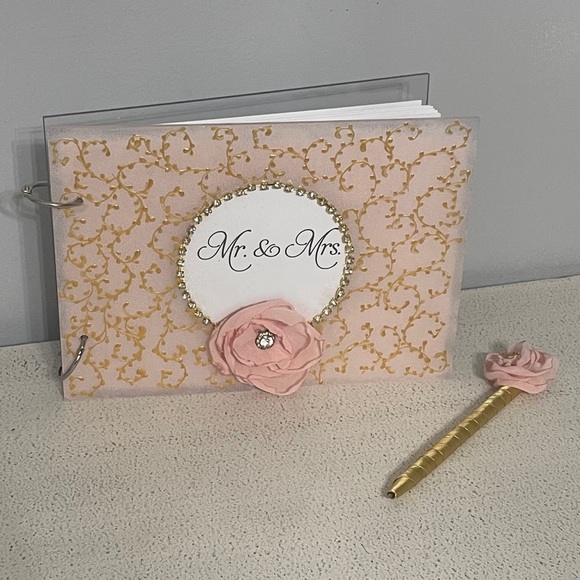 DIAMORE Handmade Blush Floral/Lace Gold-Painted Wedding Guest Book - Picture 4 of 5
